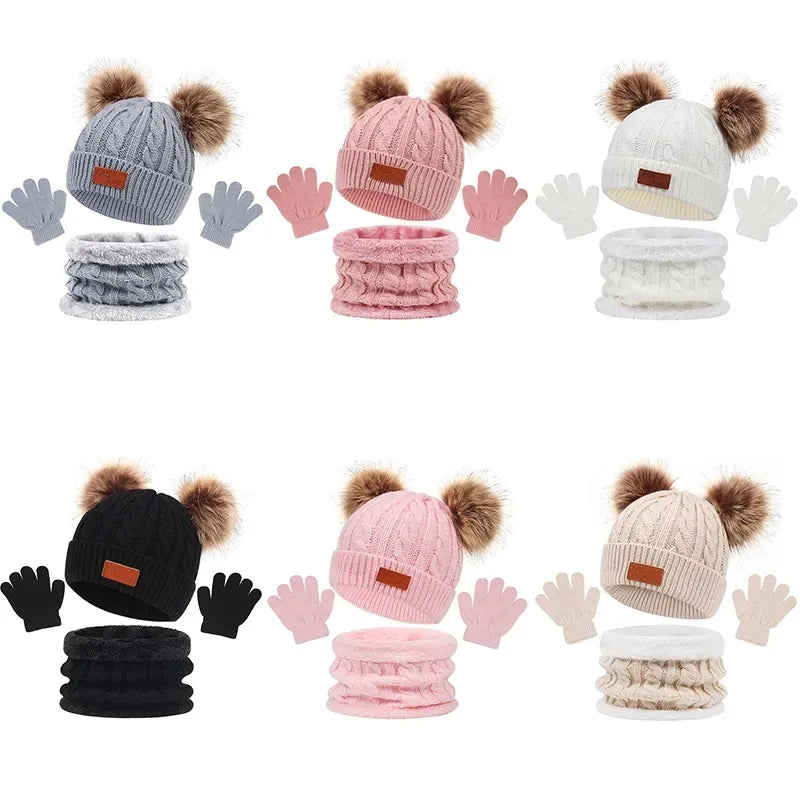 Baby Winter Hat Scarf Gloves Set Knitted Fur Ball Kids Beanie Baby Cap for Girls Boys Accessories Infant Bonnet Toddler Hat 1-5Y