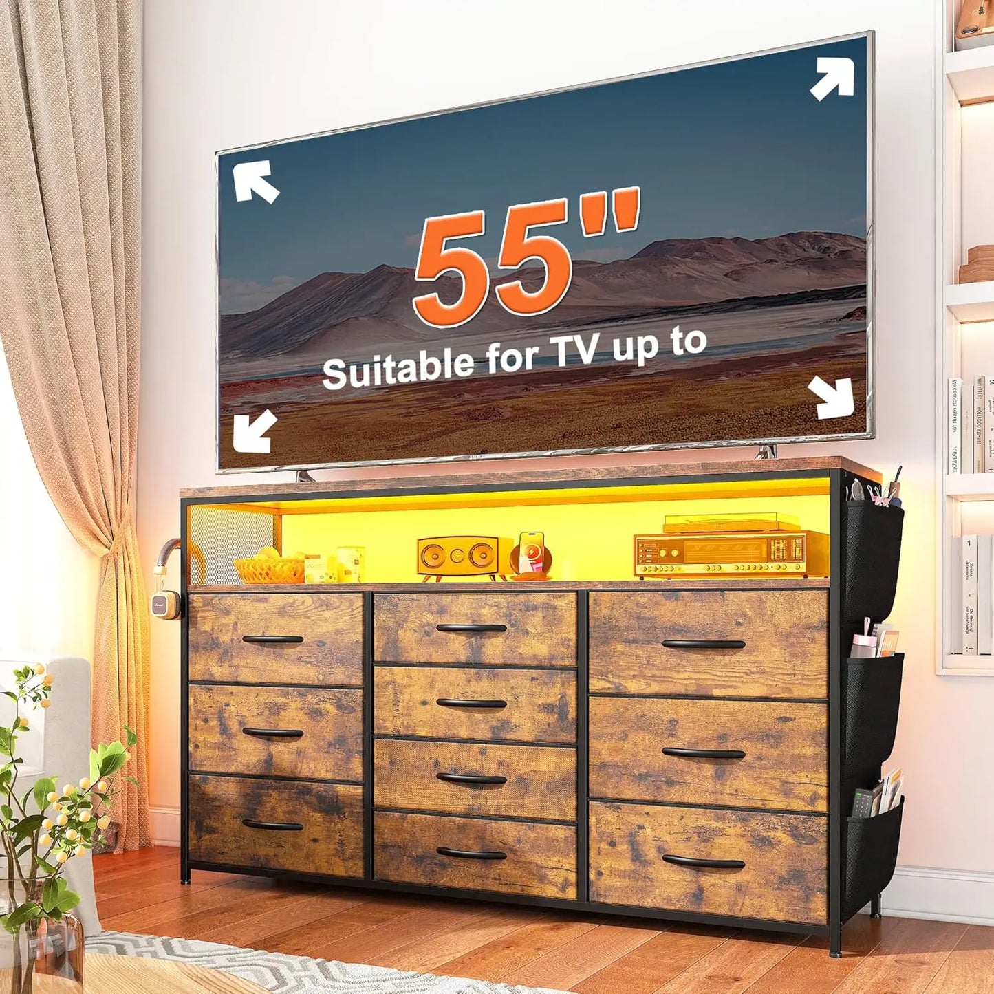 Dresser TV Stand with 10 Drawers for 55" TV Stand for Bedroom with LED Lights & Power Outlets Wide Dresser for Bedroom