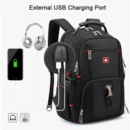 SWISS Classic Men Durable 17 Inch Laptop Backpack 80L Travel Bag College Bookbag USB Charging Waterproof Multifunctional Mochila