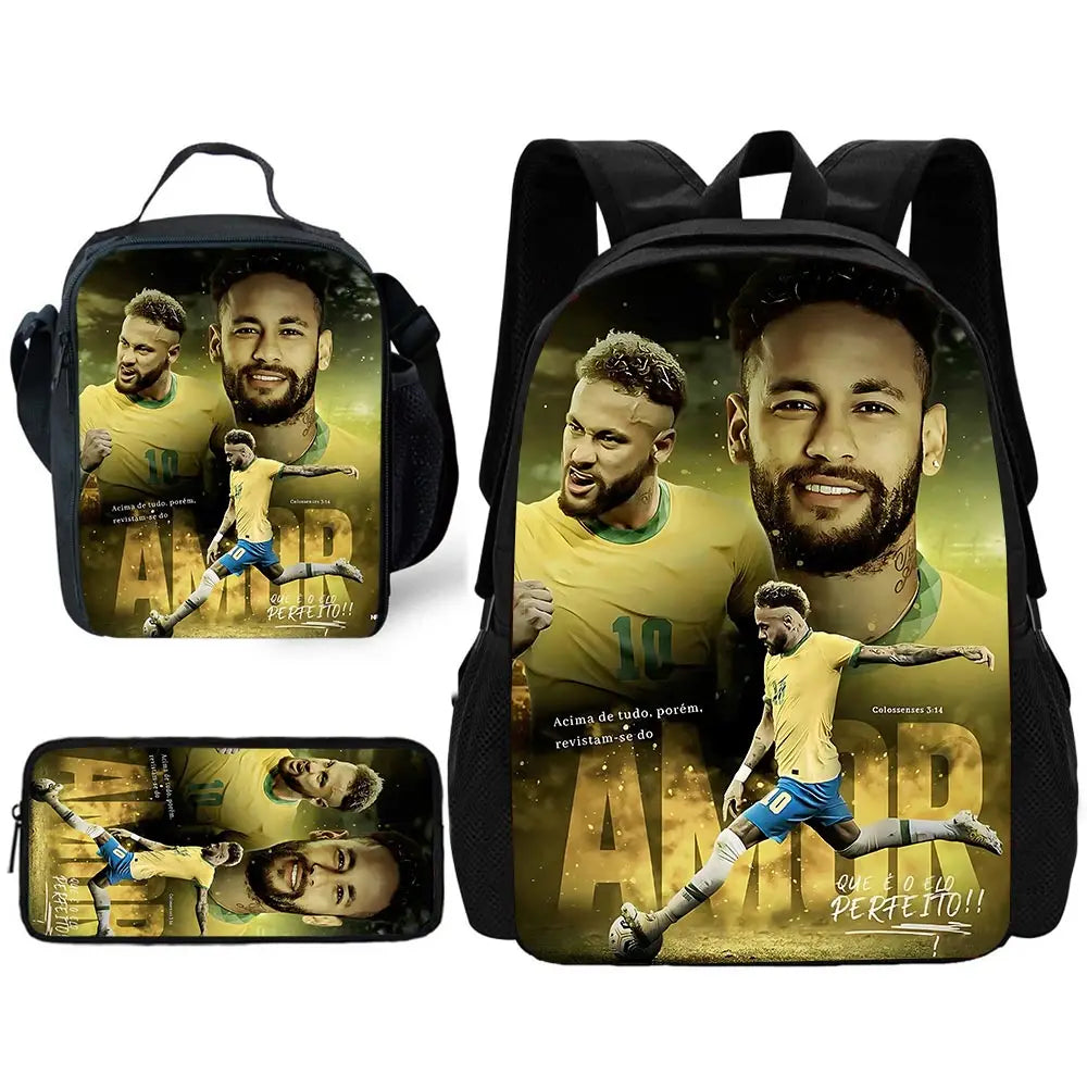 Game Football Child School Backpack with Lunch Bags ,Pencil Bags ,N-NeymarS School Bags for Boys Girls Best Gift