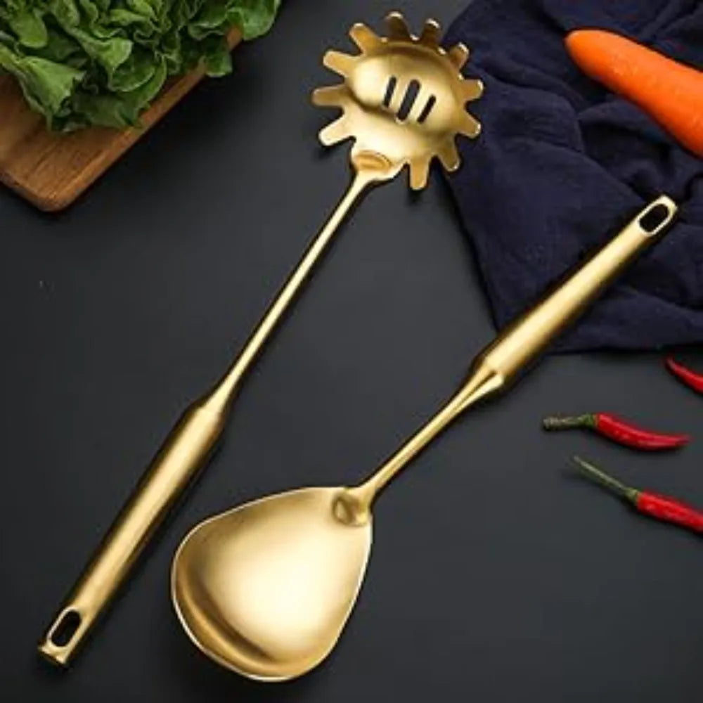 Gold Kitchen Utensils Set with Stand – 7 Piece 304 Stainless Steel Brass Cooking Tools with Rotating Holder, Spatula, Slotted