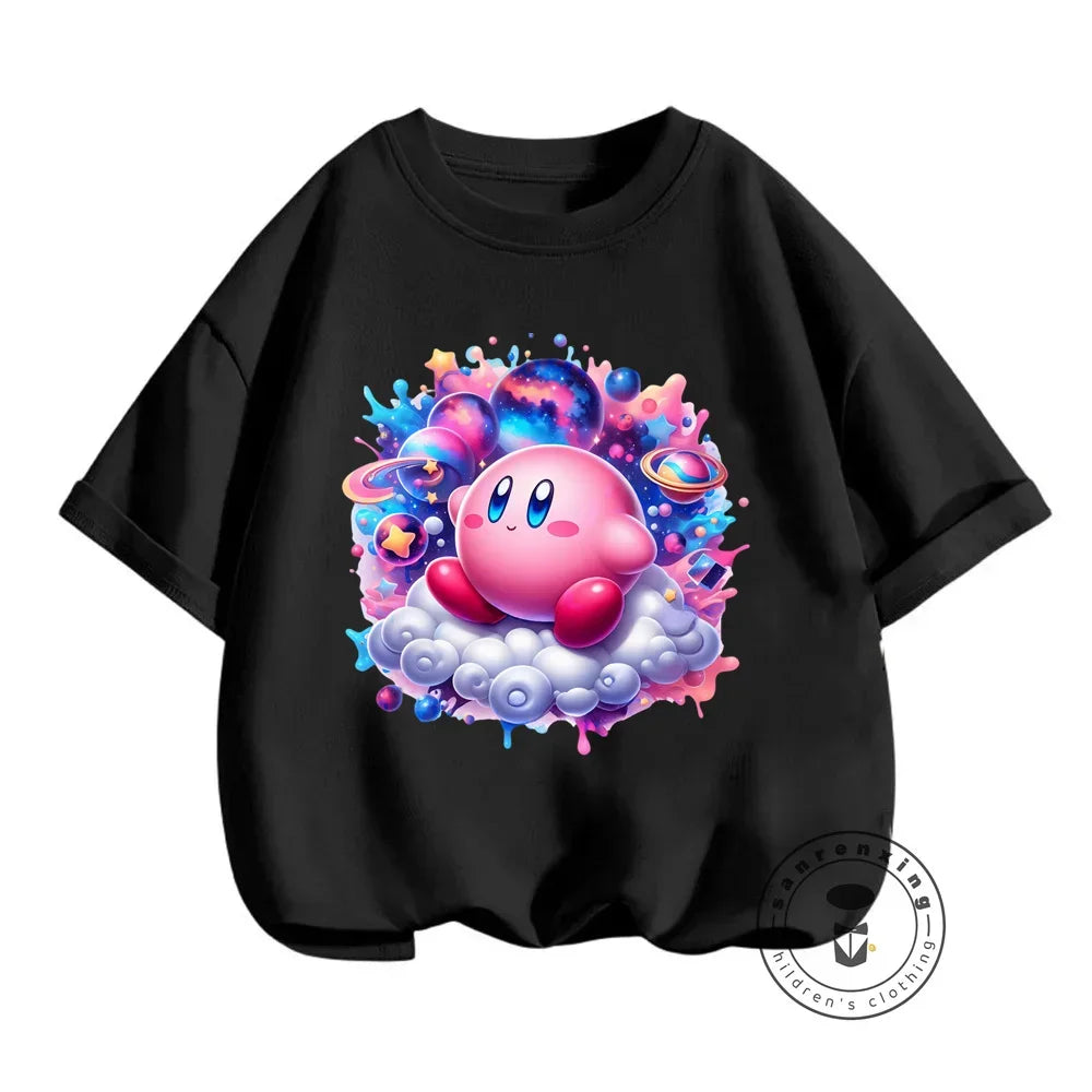 Popular Japanese Kirby Game Character Printed Summer T-Shirts for Kids 3-14 Kawaii Fashion Casual Upper Garments for Boys Girls