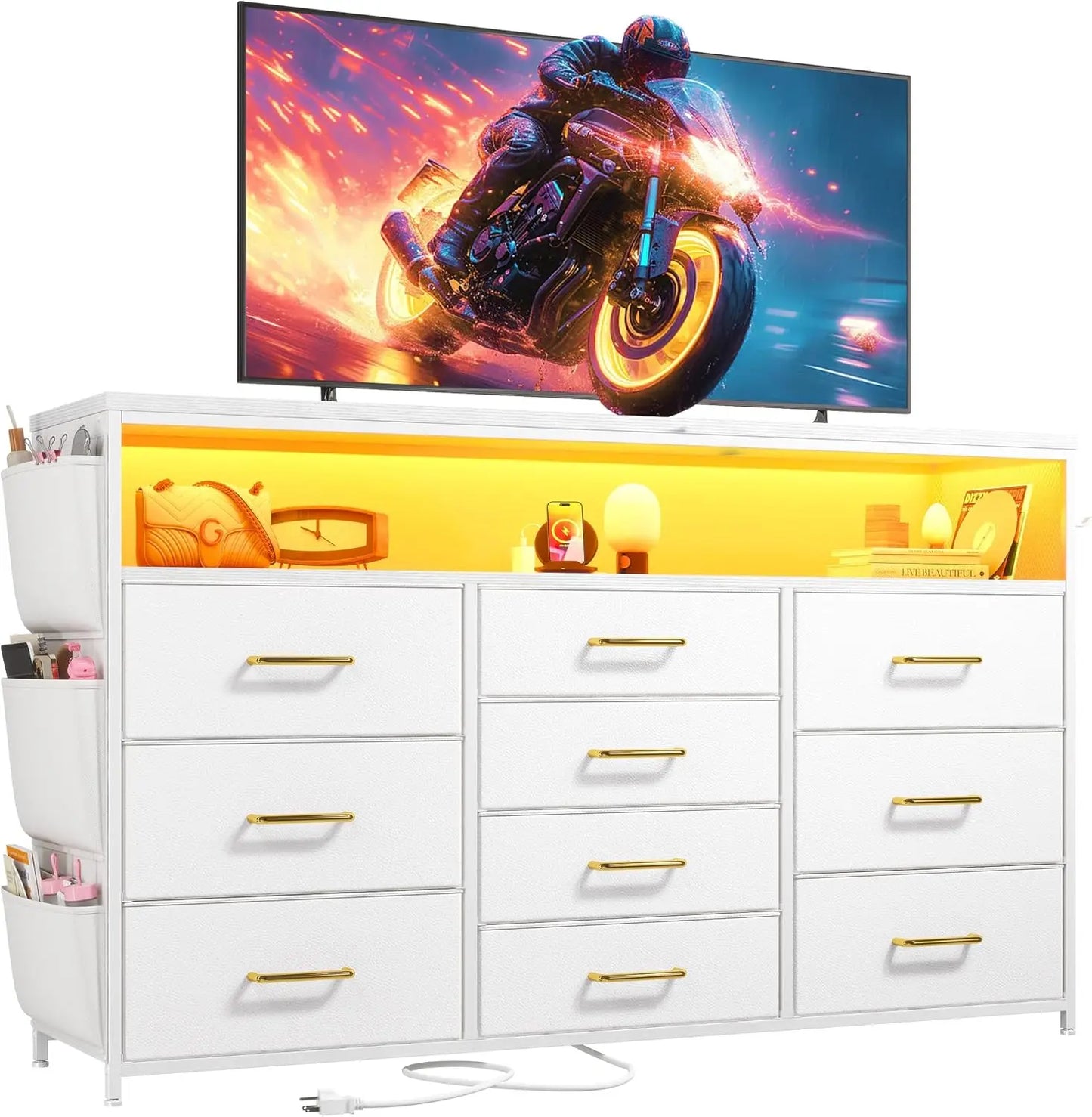 Dresser TV Stand with 10 Drawers for 55" TV Stand for Bedroom with LED Lights & Power Outlets Wide Dresser for Bedroom