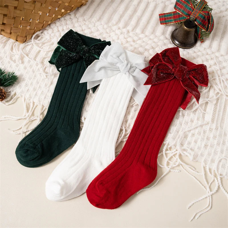 Baby Girls Knee High Socks Autumn Winter Kids Big Bow Long Soft Christmas Sparkly Sock Cotton Red Children Socken For 0-8 Years