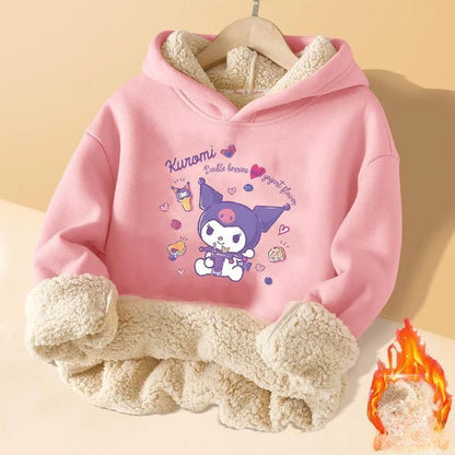 Kuromi Plush Warm Children's Clothing Set for Girls Thicken Fleece Lined Sweatshirt + Pants 2 Pcs Suit Winter Tracksuit