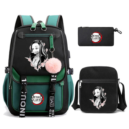 3Pcs/set Anime Kamado Nezuko Demon Slayer Backpacks for Girls School Bag Teenager Student Canvas Laptop Back Pack Women Rucksack