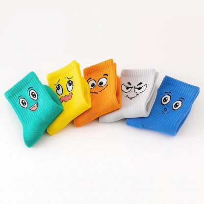 5 Pairs Kids Socks Emoticons Funny Face Pattern Comfortable Breathable Boys Girls Socks