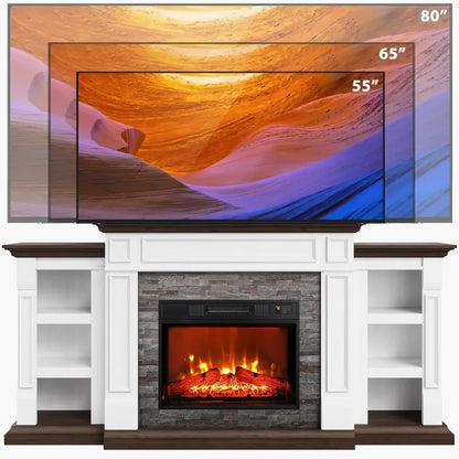 Electric Fireplace with Mantel and Cabinets, Fireplace TV Stand for Living Room Bedroom, Stacked Stone Surround and Remote