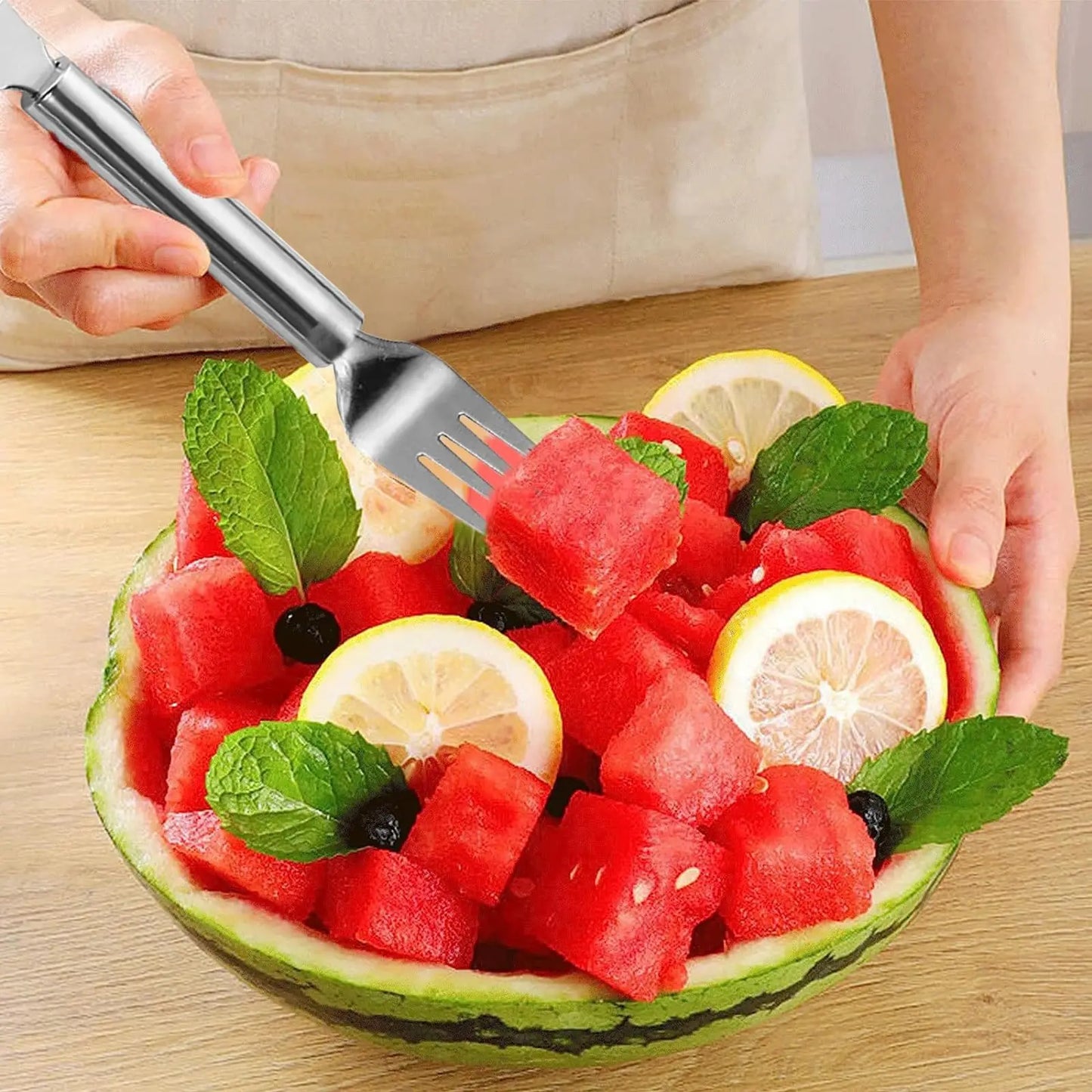 2024 Newest Watermelon Slicer Tool Stainless Steel Fruit Cutter Dual Head Watermelon Fork Melon Cutter Kitchen Gadgets