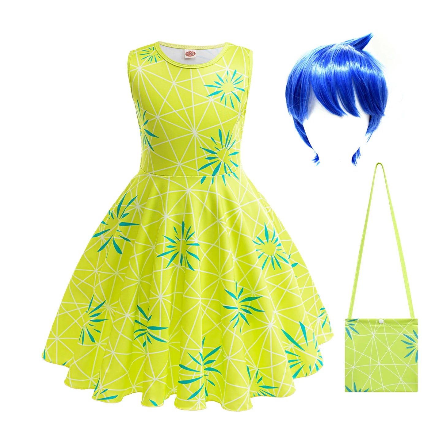 Movie Inside Out Joy Cosplay Costume Princess Dress+Wig For Kids Girls Halloween Carnival Birthday Green Printed Party Frocks