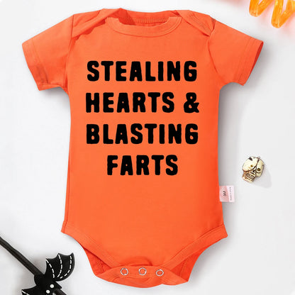 Creative New Baby Girl Boy Cotton Onesie Stealing Hearts and Blasting Farts Letter Print Funny Infant Clothes Comfy Breathable