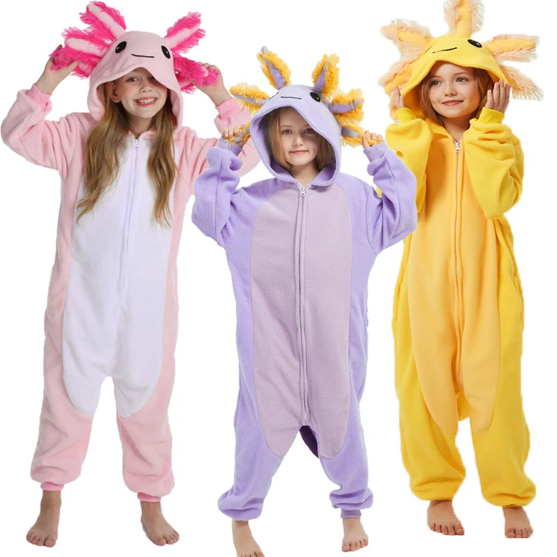 Kids Pink Newt Cute Cartoon Cosplay One Piece Pajamas Baby Animals Halloween Boys Girls Yellow axolotl Kigurumi Anime Pajamas