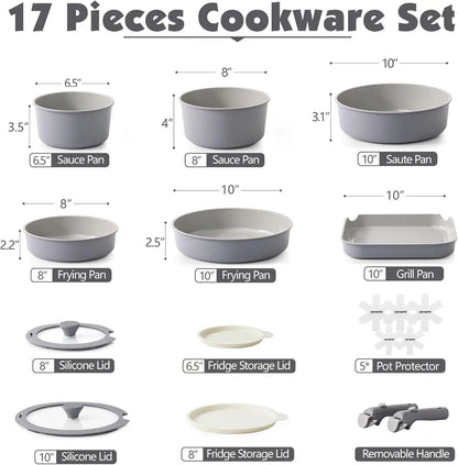 17 Piece Ceramic Pots and Pans Set, Nonstick Detachable Handle Cookware, Induction Kitchen Cookware Set