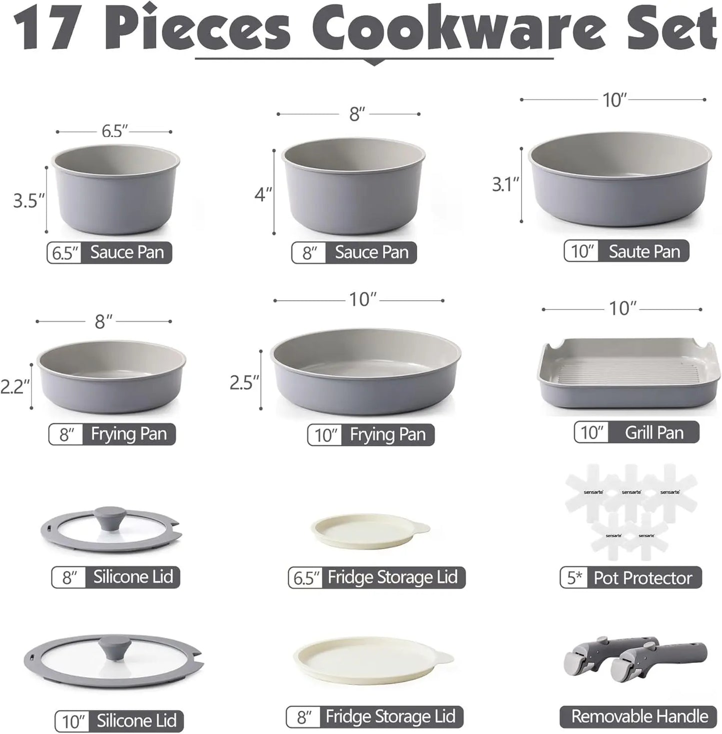 17 Piece Ceramic Pots and Pans Set, Nonstick Detachable Handle Cookware, Induction Kitchen Cookware Set