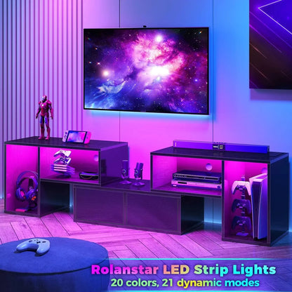 Rolanstar TV Stand, Deformable TV Stand with Power Outlets & LED Strip, Modern Entertainment Cent