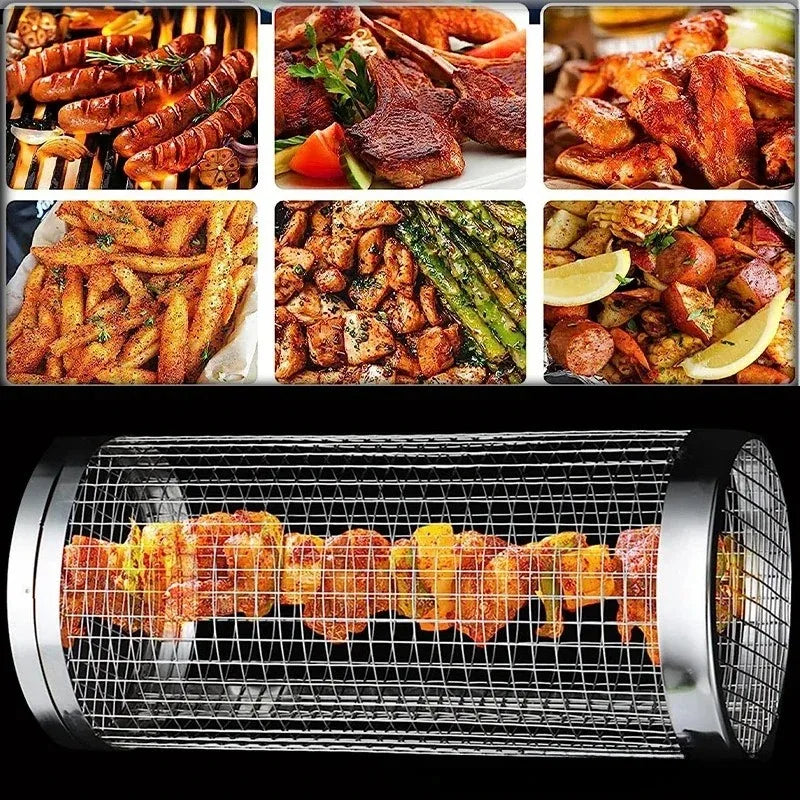 BBQ Basket Stainless Steel Rolling Grilling Basket Wire Mesh Cylinder Cylindrical Portable Round Outdoor Camping Barbecue Rack