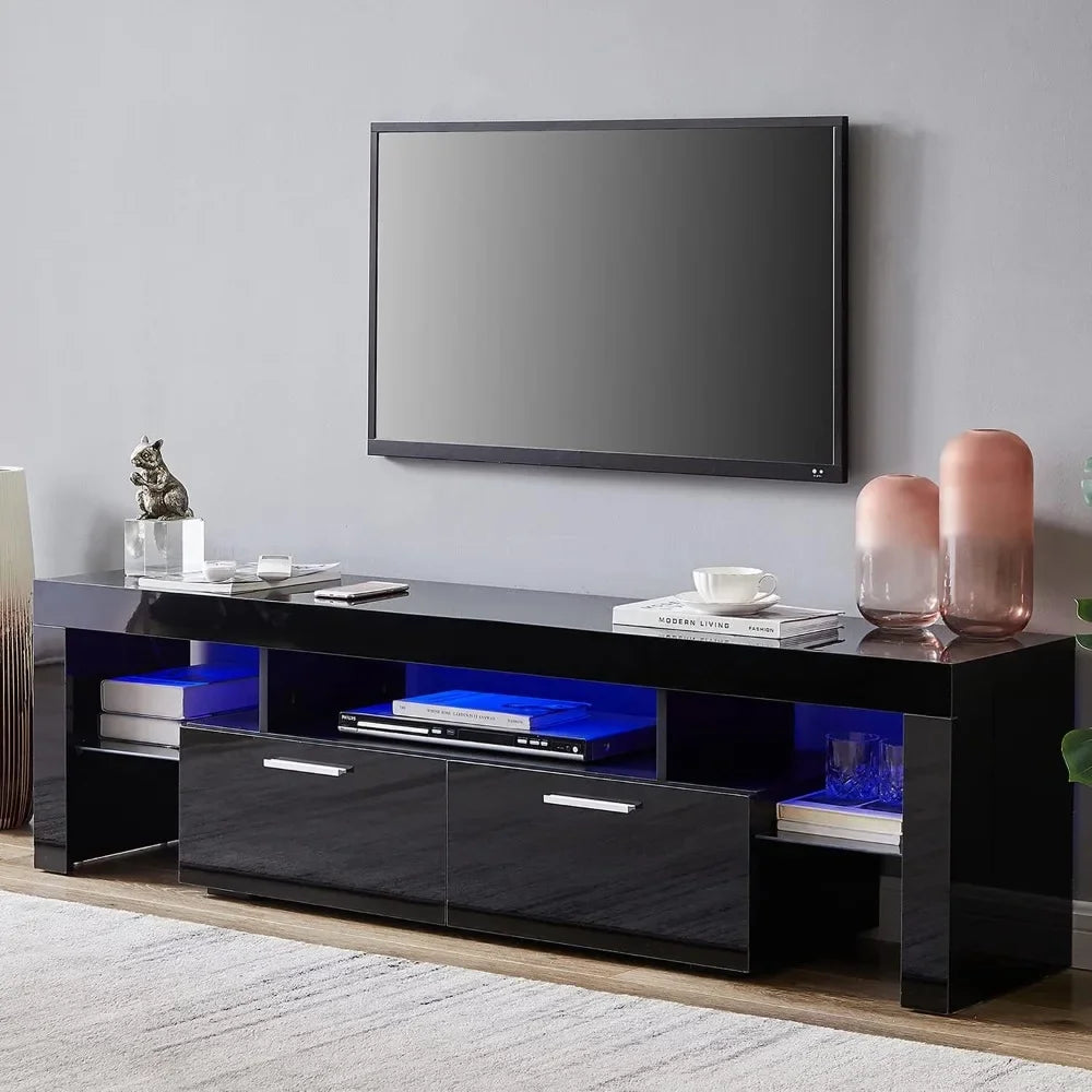 LED TV Stand for 75 Inch TV, High Gloss TV Entertainment Center with Storage Drawer, TV Console Table