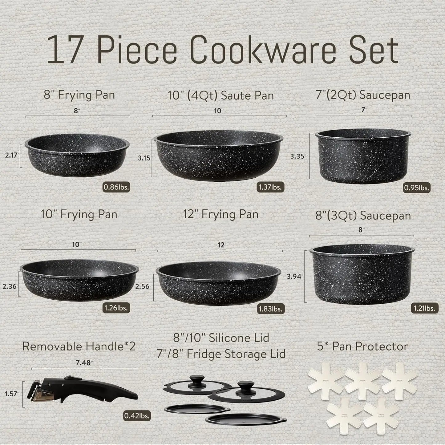 17pcs Pots and Pans Set Detachable Handle, Nonstick Cookware Set with Removable Handle,RV Kitchen Set, Oven Use