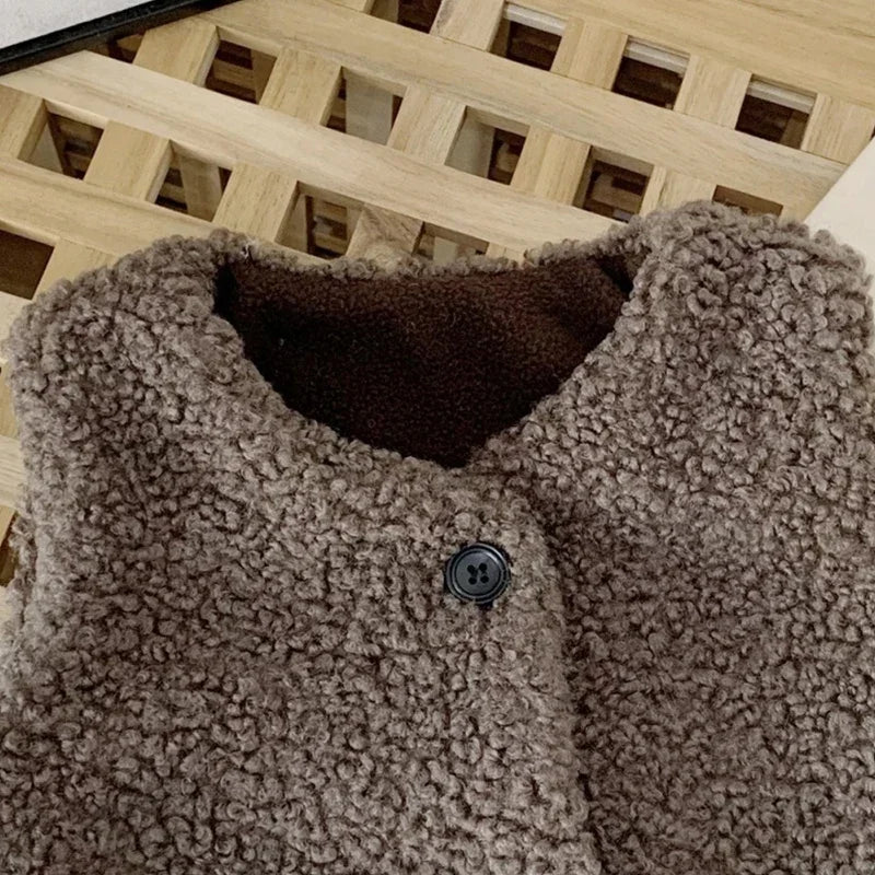 Autumn Winter Baby Lamb Wool Plus Velvet Waistcoat Girls Boys Plush Vest Single Breasted V Neck Child Warm Fashion Warm Coat