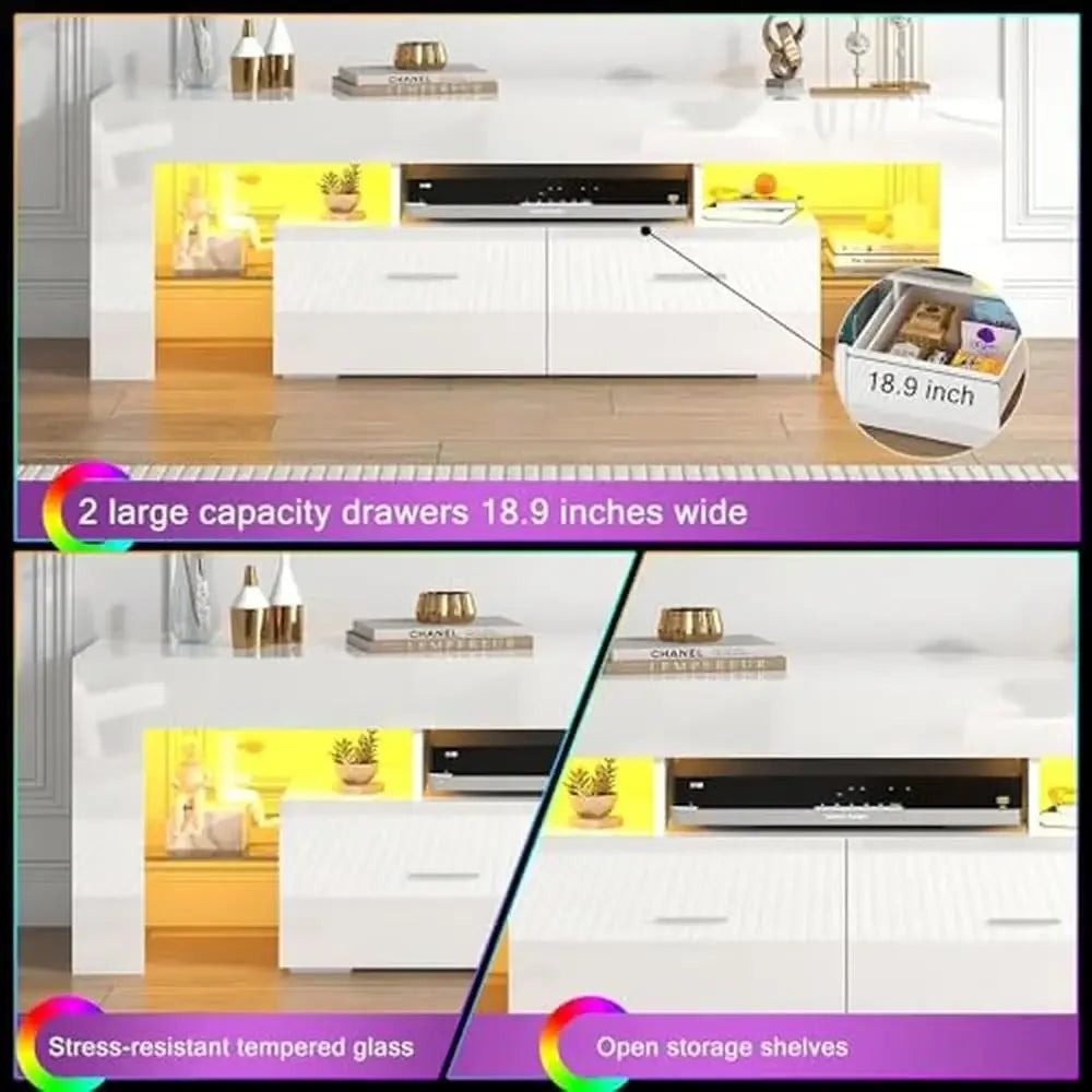 Modern LED TV Stand with 16 Color Options Storage Drawer Glass Shelf Fits 50/55/60/65/70 Inch TVs Easy Installation Remote