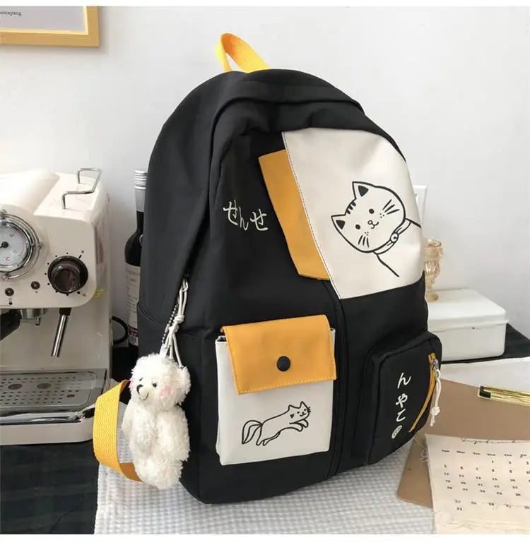 Hundreds of simple junior high school students schoolbag Large capacity primary school students schoolbag cute cat pattern