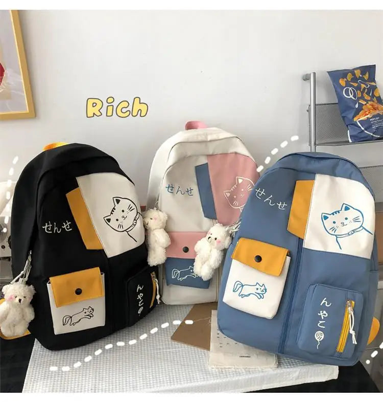 Hundreds of simple junior high school students schoolbag Large capacity primary school students schoolbag cute cat pattern