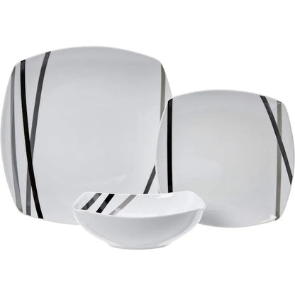 18 Piece Kitchen Dinnerware Set - Square Plates, Bowls, Service for 6 - Dishwasher and Microwave Safe, Modern Beams