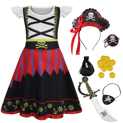 Girls Pirate Costume Dress up Kids Buccaneer Cosplay Outfits Birthday Party Dress Halloween Princess Dresses With Accessories