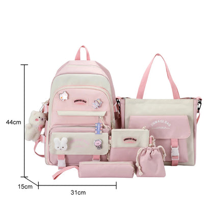 5 Pcs Set Kawaii Girls Backpack For Student School Bag Teenager Girls Schoolbag Book Bags Pencil Case Women Travel Backpack Tote