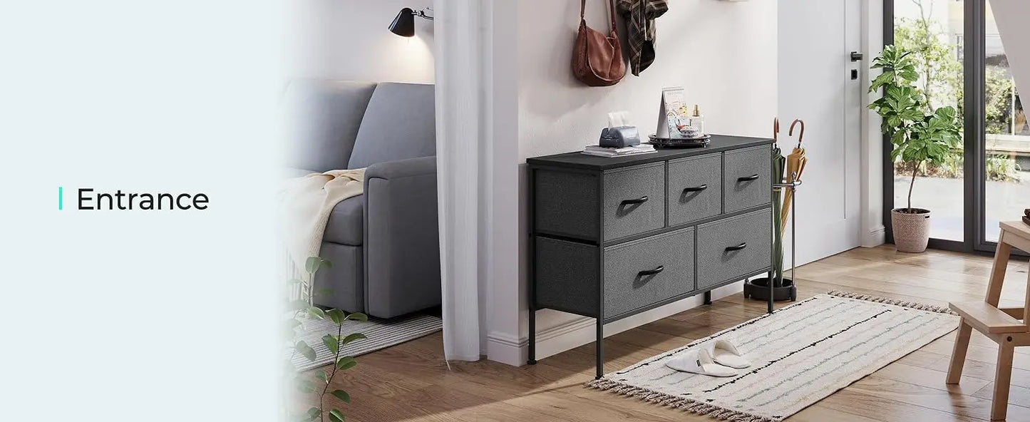 HOME Dresser for Bedroom with 5 Drawers, Fabric Long Dresser, Wide Chest of Drawers, Storage Organizer Unit for Closet,