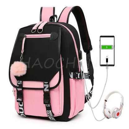 Lovely Kuromi Melody Backpacks USB Cartoon Purple Printed Boy Girls School Bag Students Bookbag Teens Women Mochila Escolar Niña