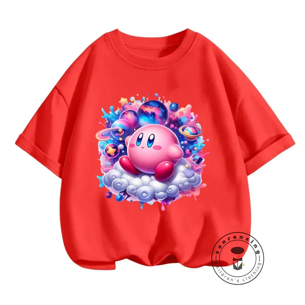 Popular Japanese Kirby Game Character Printed Summer T-Shirts for Kids 3-14 Kawaii Fashion Casual Upper Garments for Boys Girls