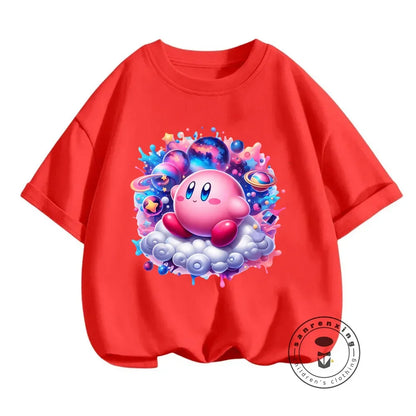 Popular Japanese Kirby Game Character Printed Summer T-Shirts for Kids 3-14 Kawaii Fashion Casual Upper Garments for Boys Girls