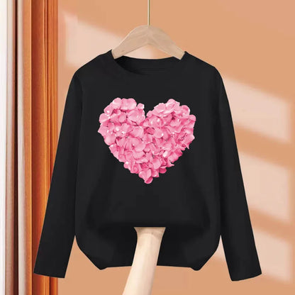 Children Long Sleeved Tops Heart Shaped Design T-shirt Girls Spring Dresses Baby Lovely Cotton Tees 3-14T