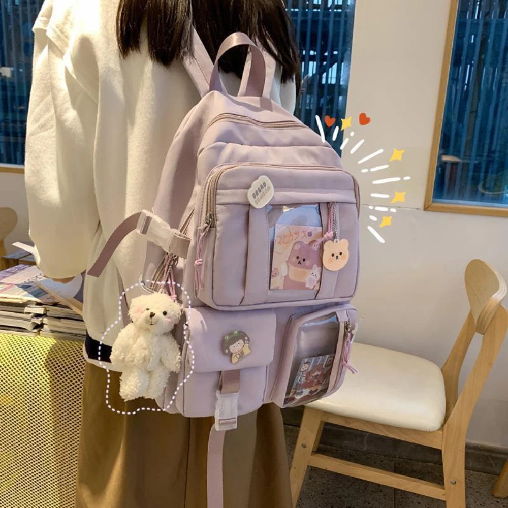 Girls High School Student Backpack Bags Backpack with Pin and Pendant,Cute Aesthetic Backpack ,Outdoor Sports Leisure Bag