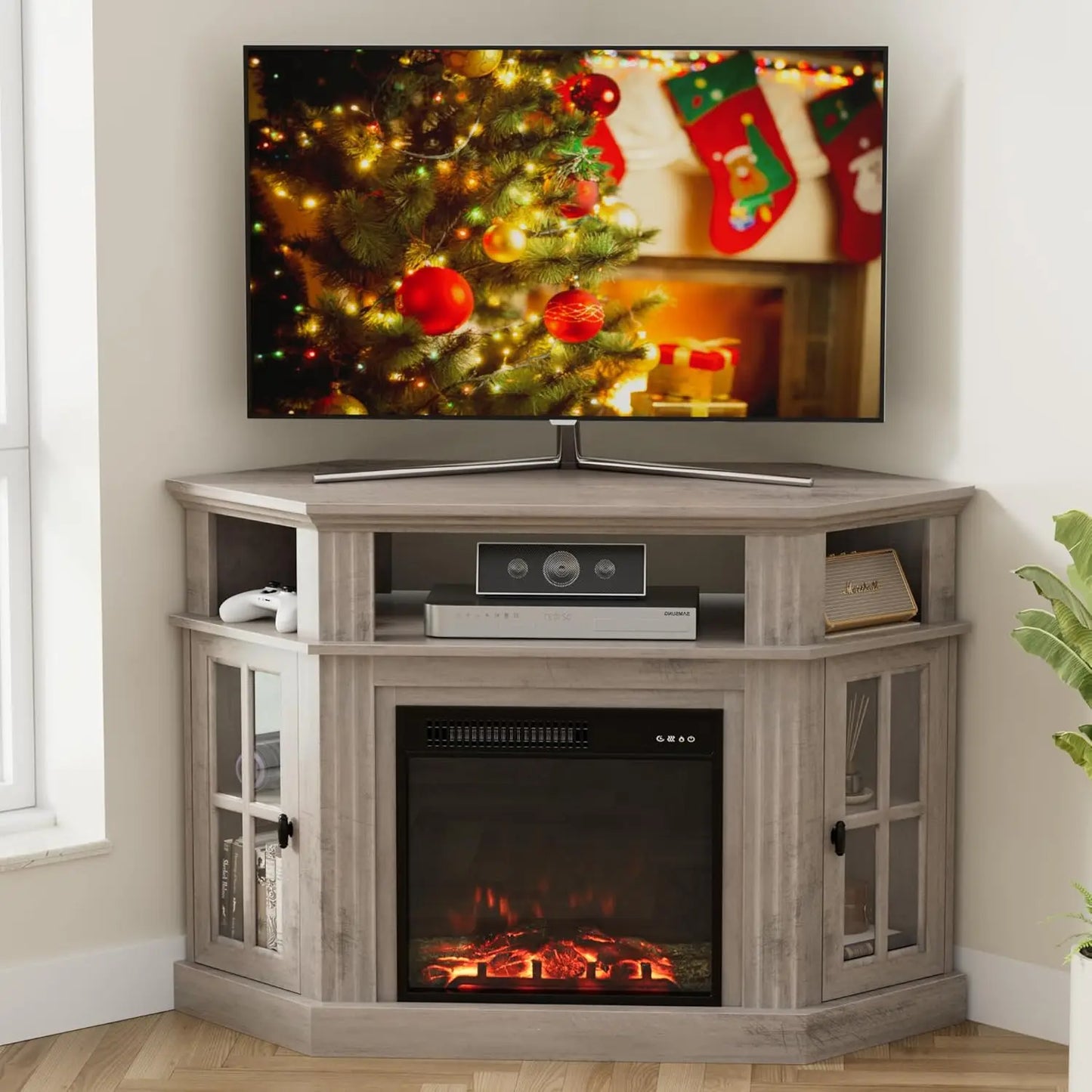 Fireplace Corner TV Stand for TV Up to 55 Inch, Modern TV Console with 18 Inch Electric Fireplace, Entertainment Center with