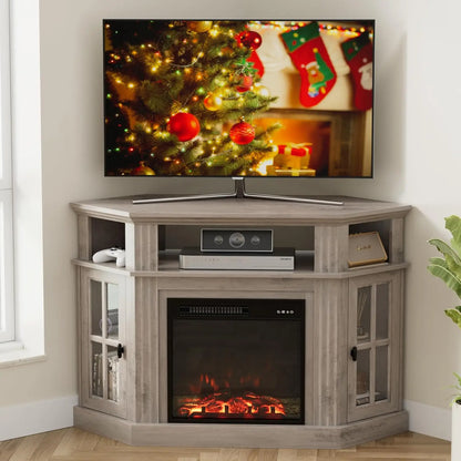 Fireplace Corner TV Stand for TV Up to 55 Inch, Modern TV Console with 18 Inch Electric Fireplace, Entertainment Center with