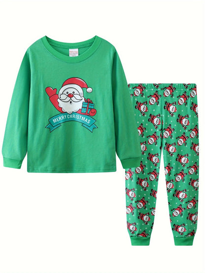 Kids Boys Pajamas Cartoon Christmas 2PCS Long Sleeved Autumn Winter Round Neck Long Sleeve Top & Pants Set