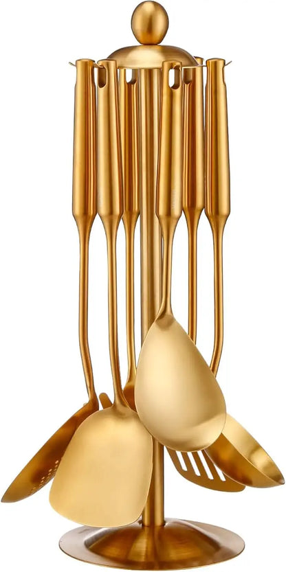 Gold Kitchen Utensils Set with Stand – 7 Piece 304 Stainless Steel Brass Cooking Tools with Rotating Holder, Spatula, Slotted