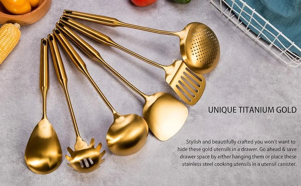 Gold Kitchen Utensils Set with Stand – 7 Piece 304 Stainless Steel Brass Cooking Tools with Rotating Holder, Spatula, Slotted