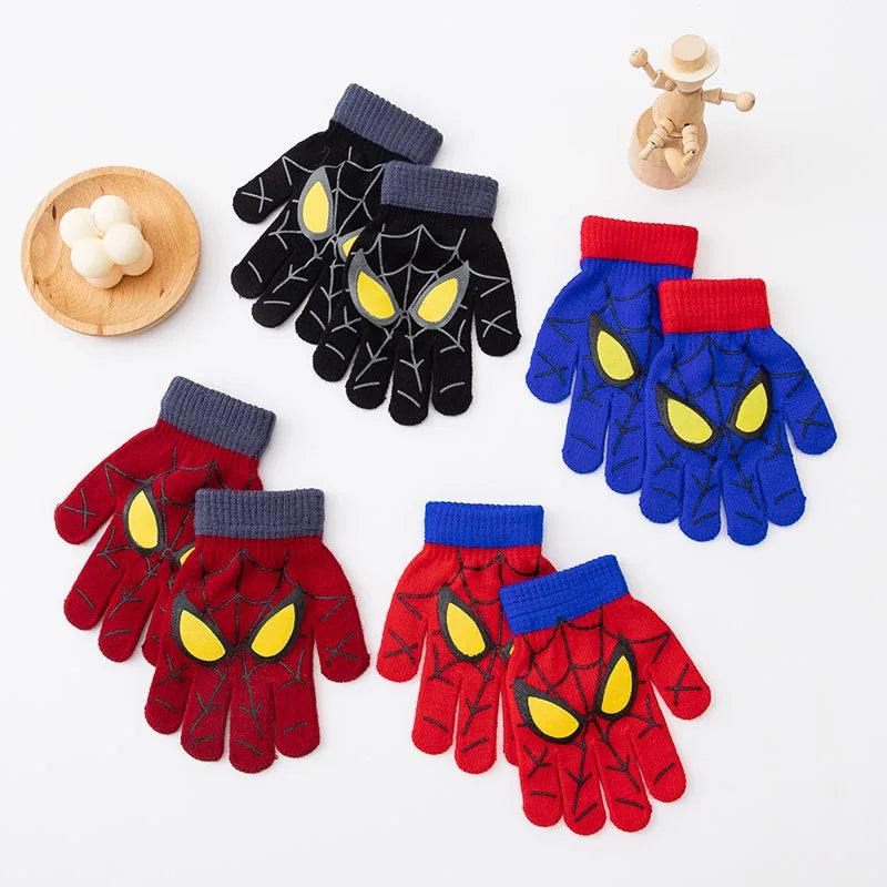 3-8 Years Autumn Winter Kids Knitted Gloves Cute Cartoon Spider Full Finger Boys Warm Outdoors Children Mittens