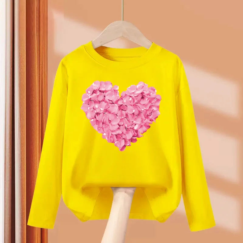 Children Long Sleeved Tops Heart Shaped Design T-shirt Girls Spring Dresses Baby Lovely Cotton Tees 3-14T