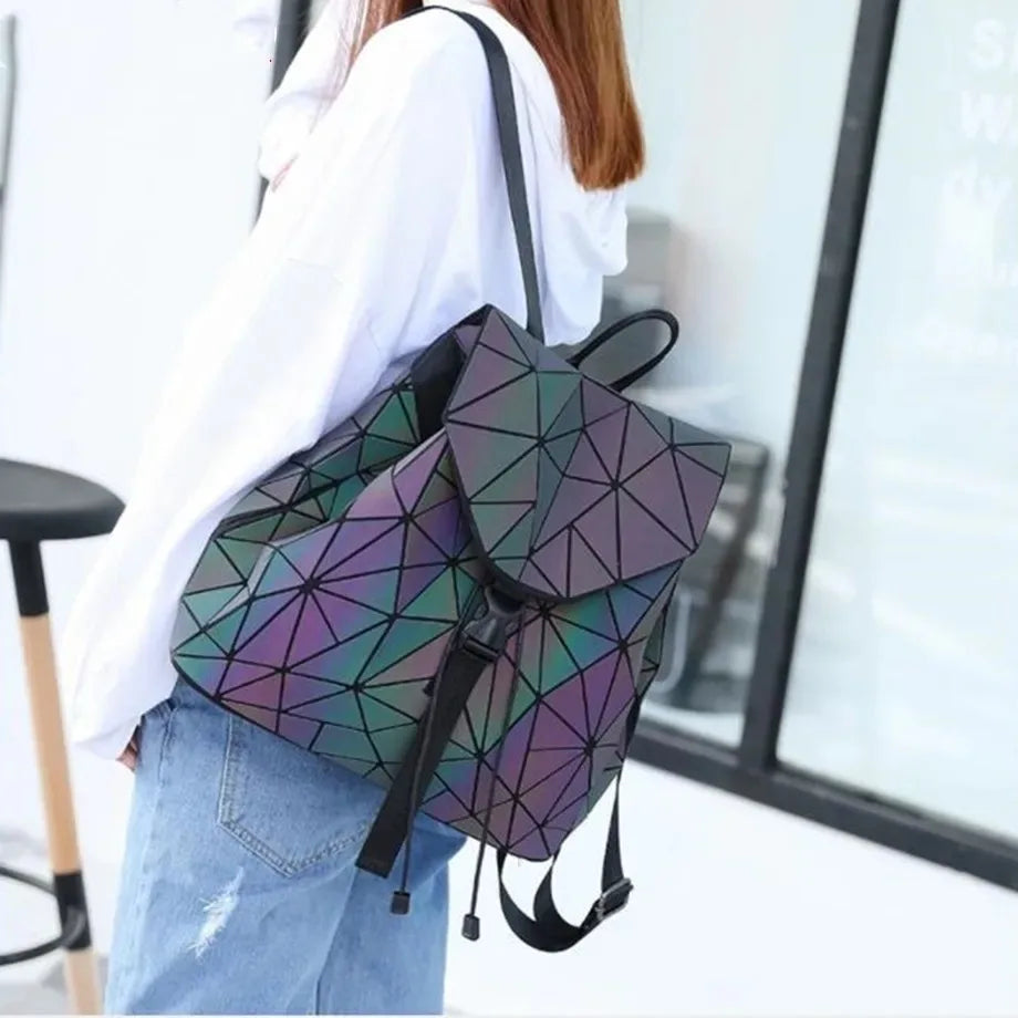 Fashion Luminous Women backpack Drawstring folding backpack Triangle Sequin Backpack for Reflective strip Female student bag