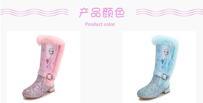 Disney Girls' High Heel Boots Winter Children's High Sleeve Plush Snow Warm Boots Princess Elsa Long Pink Blue Boots Size 26-37