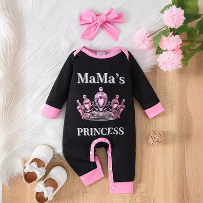 0-2 Year Old Spring and Autumn New Newborn Infants and Girls Crown Letter Printed Long sleeved Pants jumpsuit+Headband