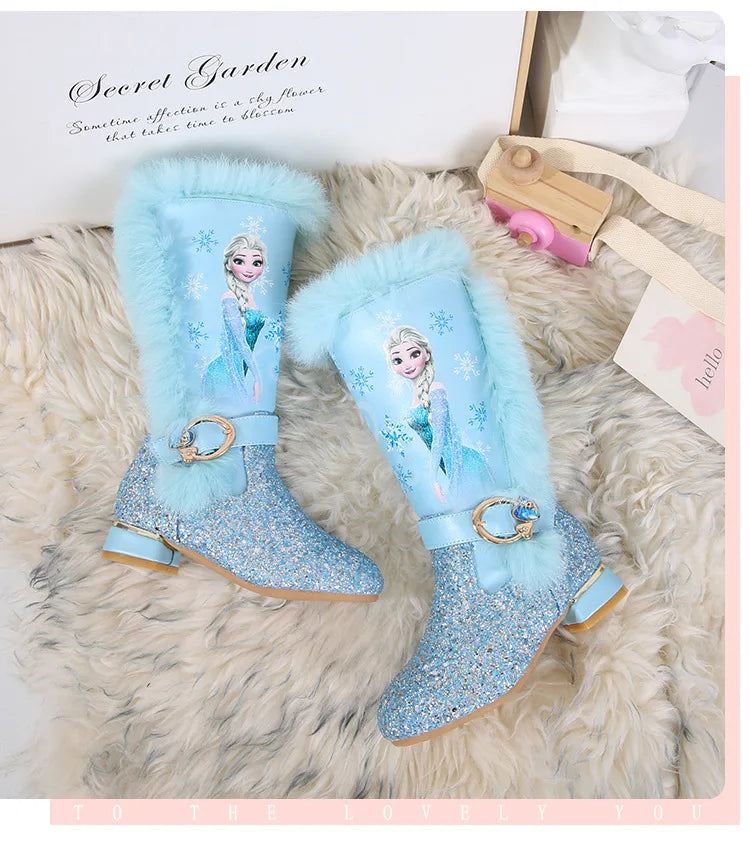 Disney Girls' High Heel Boots Winter Children's High Sleeve Plush Snow Warm Boots Princess Elsa Long Pink Blue Boots Size 26-37