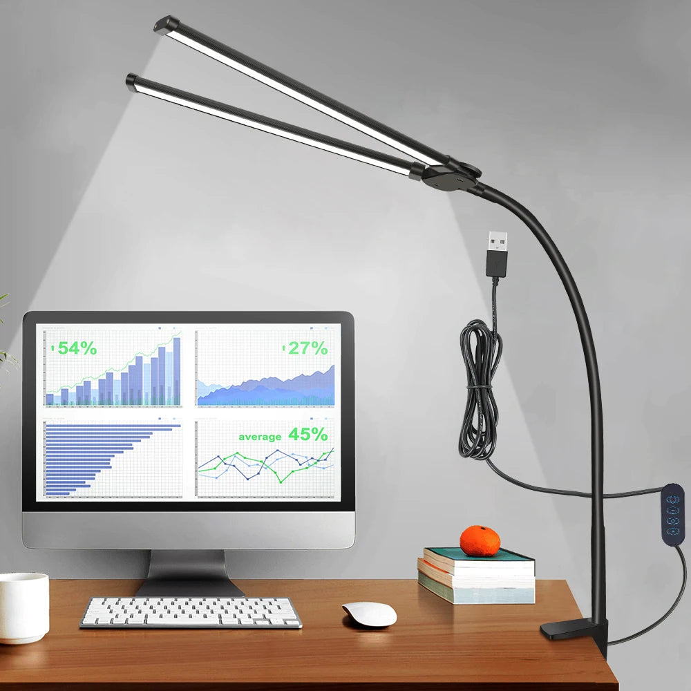 Double/Single Head LED Desk Lamp Dimmable PC Monitor Light USB Table Lamps Reading Lights Eye Protection 3 Color Mode For Office