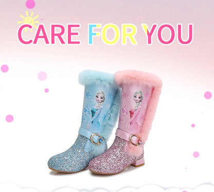 Disney Girls' High Heel Boots Winter Children's High Sleeve Plush Snow Warm Boots Princess Elsa Long Pink Blue Boots Size 26-37