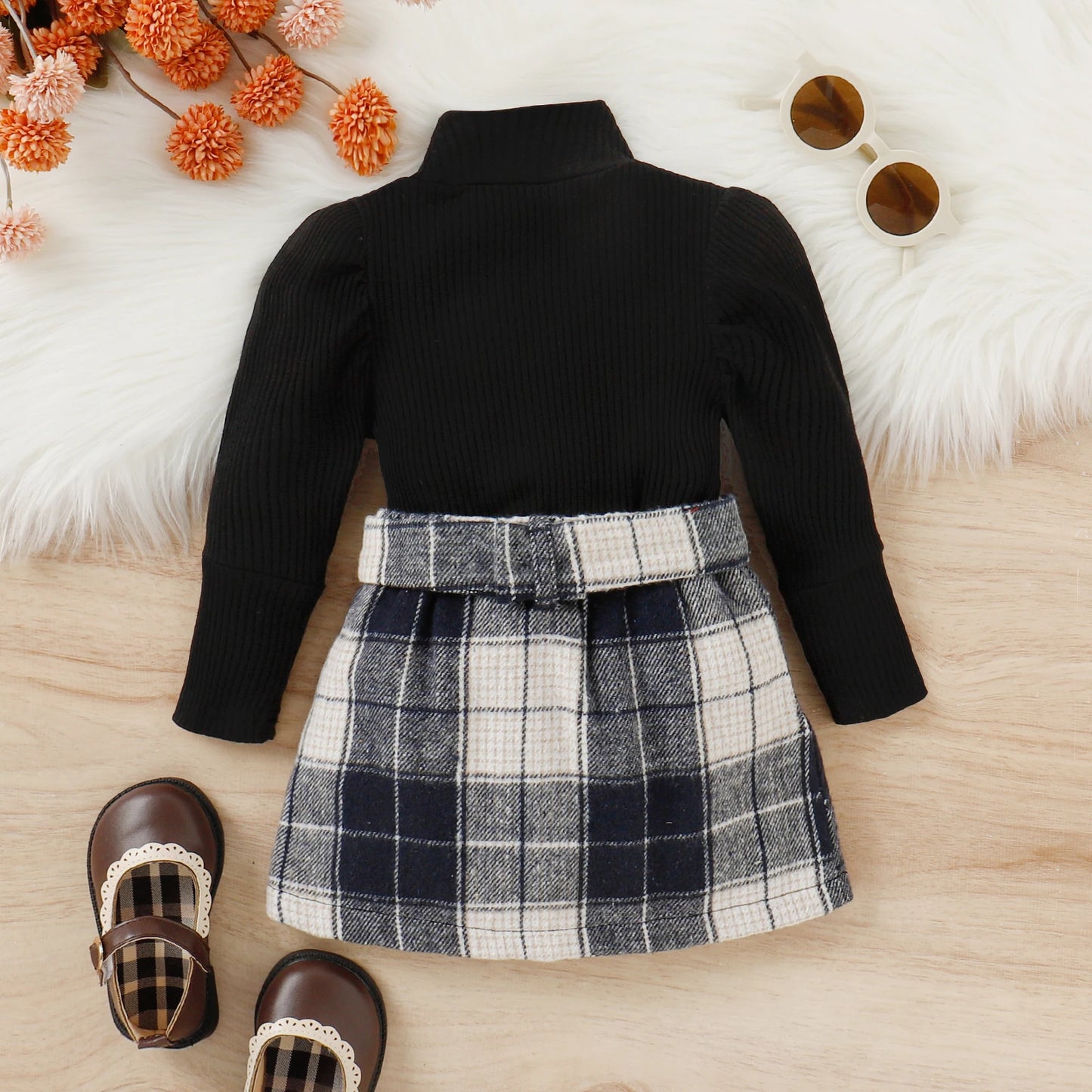 3PCS Autumn And Winter 1-4 Year Old Girls And Baby Trendy And Fashionable Solid Color High-Necked Top + Plaid Skirt Suit