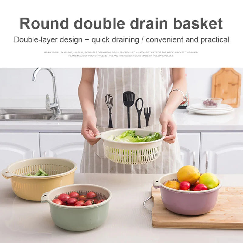 1 Set Double Drain Basket Bowl Washing Storage Basket Strainers Bowls Drainer Vegetable Cleaning Colander Cocina Kitchen Gadgets